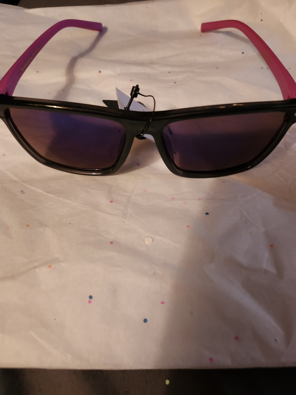 Women's Black Frame Sunglasses with Pink Temples and Purple Lenses